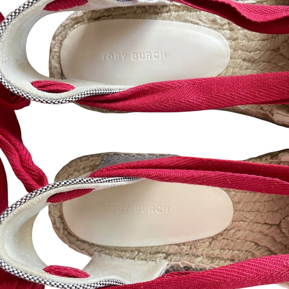 TORY BURCH Size 10 Woven Double T Espadrille Red Wrap-Around Tie Platform Flats - Picture 5 of 13